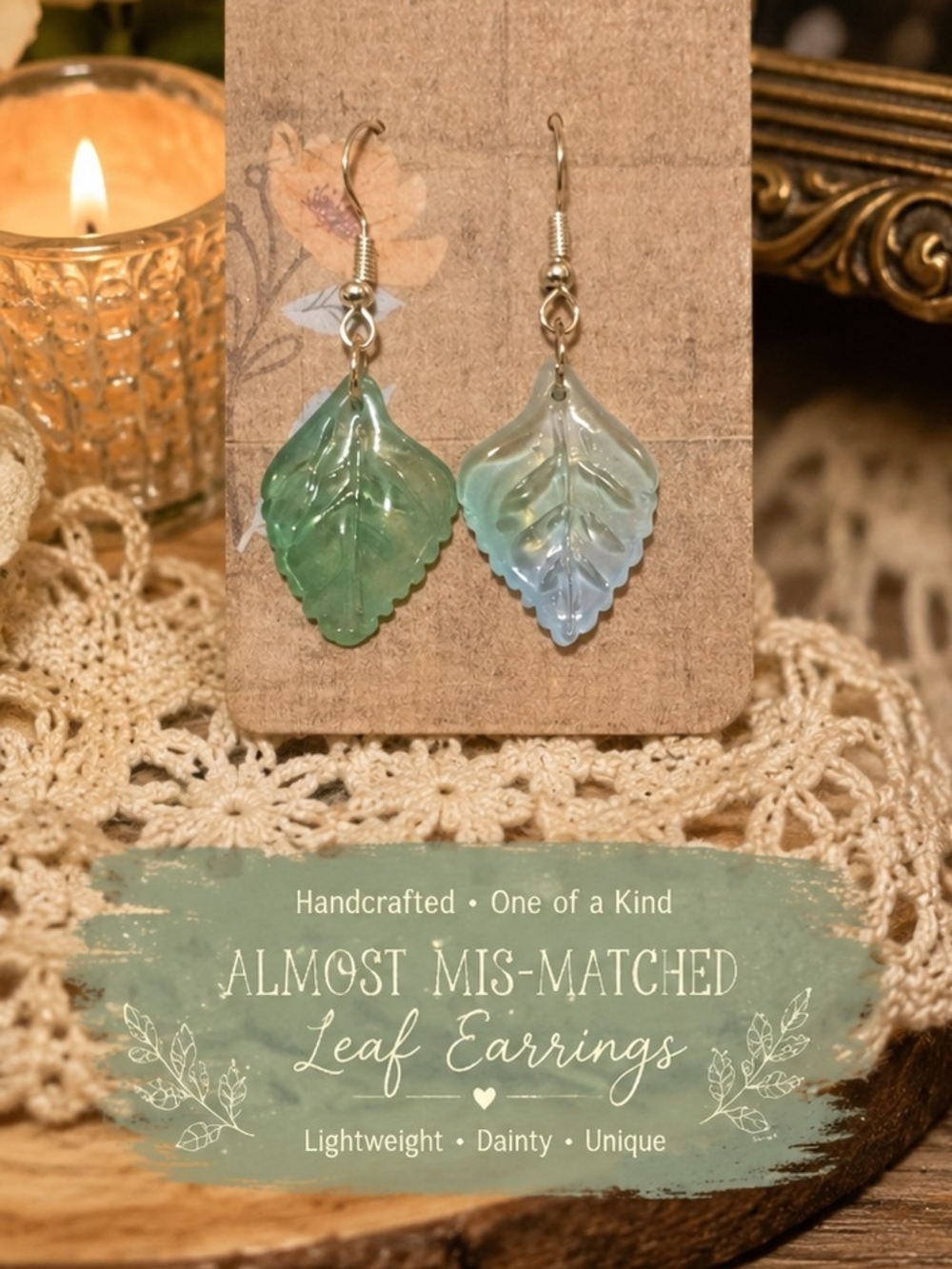 Handcrafted Almost-Mismatched Trendy Boho Seafoam Green Leaf Silvertone Earrings